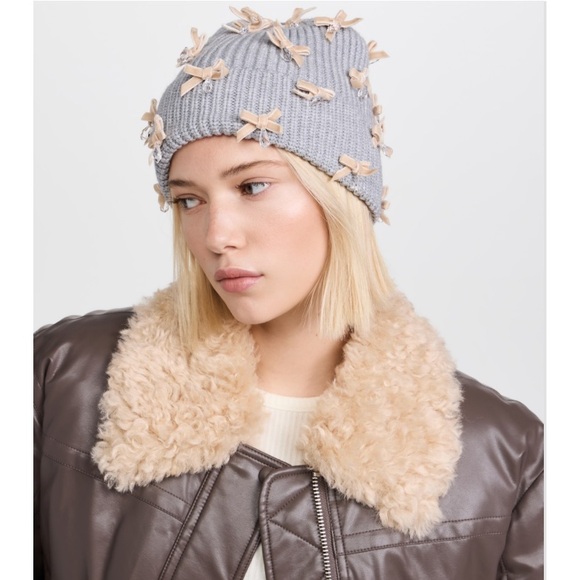 NWT Lele Sadoughi Bow Embellished Dangle Beaded Beanie in Dove Grey $175 MSRP - Picture 2 of 8